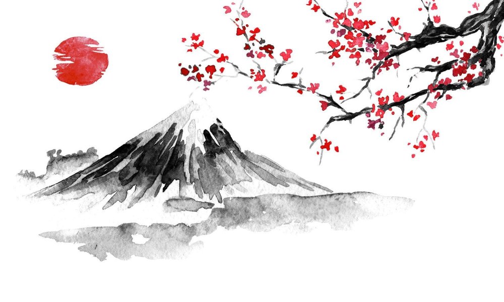 Peinture de sumi-e traditionnelle japonaise. Mount Fuji, Sakura