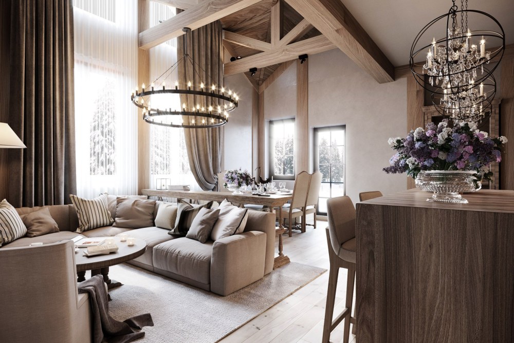 Salon de cuisine dans le style du chalet