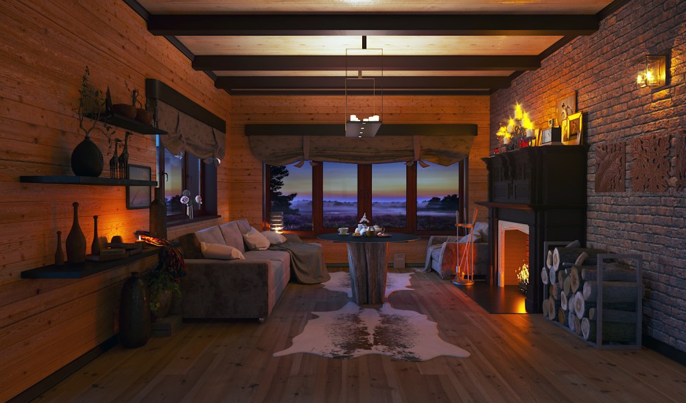 Salon dans une dacha dans un style chalet