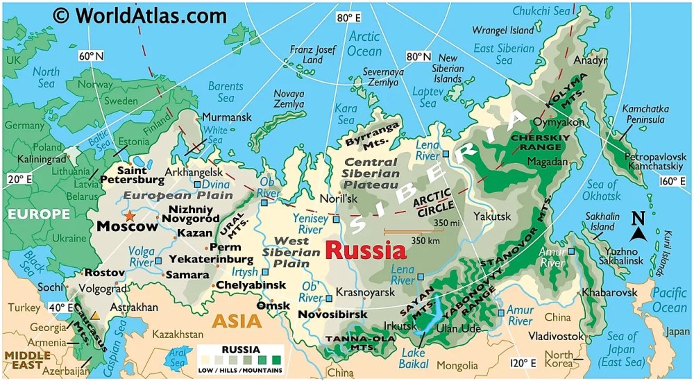 Carte russe avec les mers en anglais