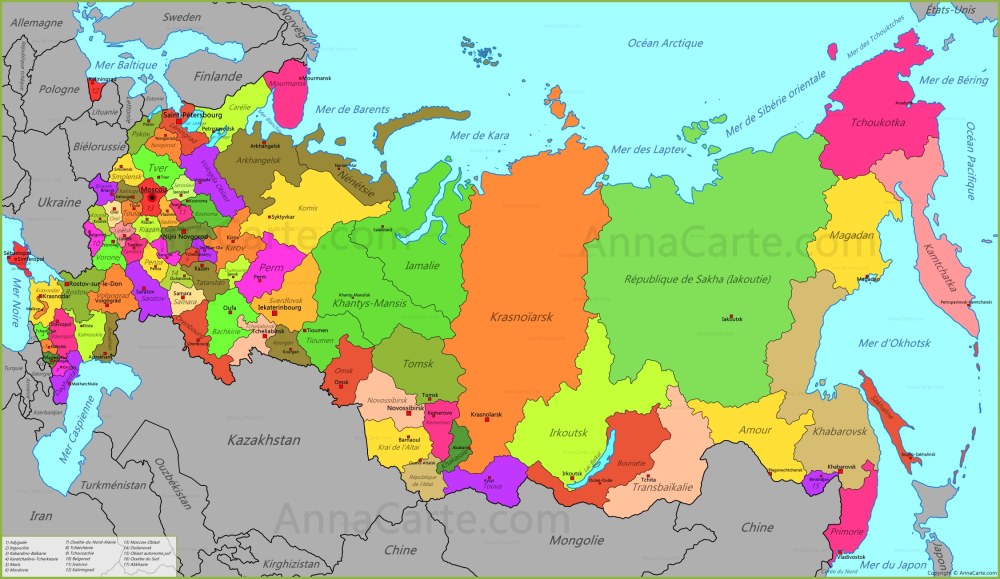 Carte russe avec les sujets de la Fédération